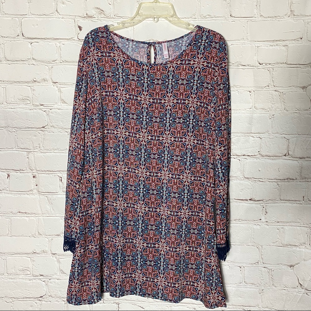 Patterned Long Sleeve Tunic Dress